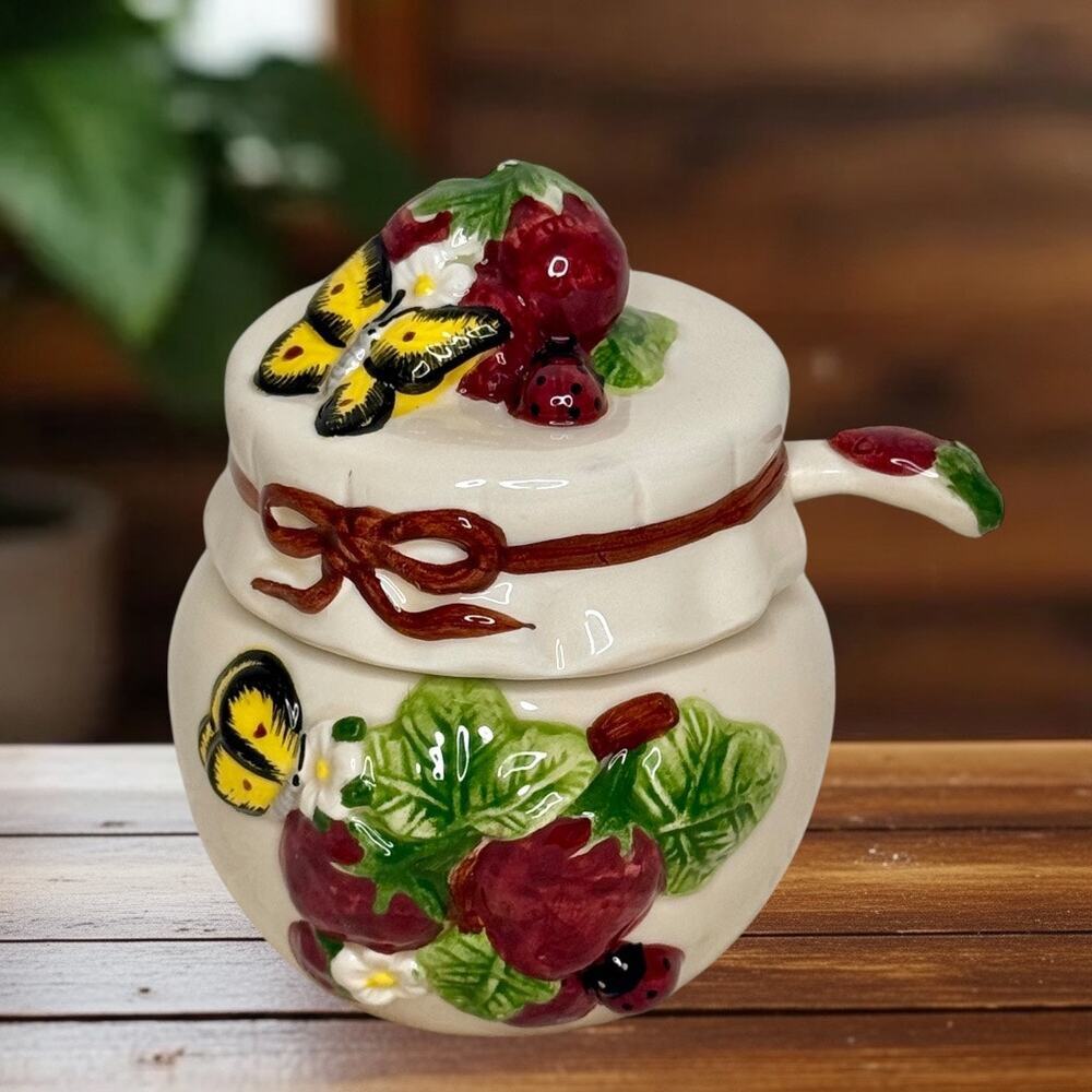 Vintage Ceramic Strawberry Jam Pot Jar + Lid & Spoon Butterfly Cottage Farmhouse